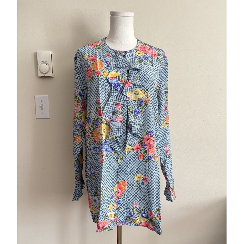 Diane von Furstenberg Medium Top Ruffle Geometric Floral Print Silk Vintage Chic